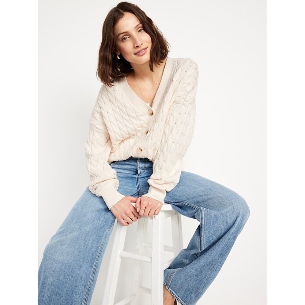 Old Navy Womens 3X Cream Oversized Slouchy Cable-Knit Cardigan Sweater Cotton
